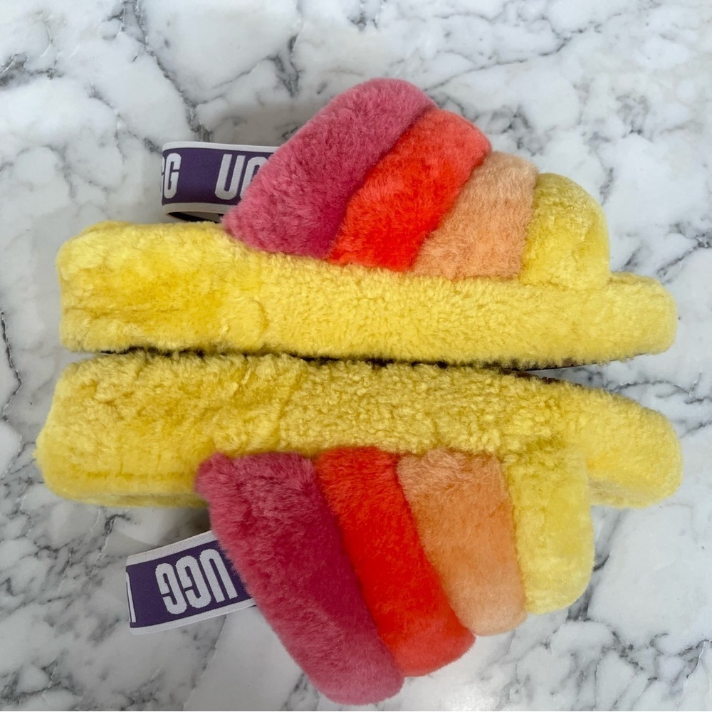 Ugg Fluff Yeah Rainbow Yellow Slide Slipper Platform Colorful Bright Happy Cozy - Picture 10 of 11